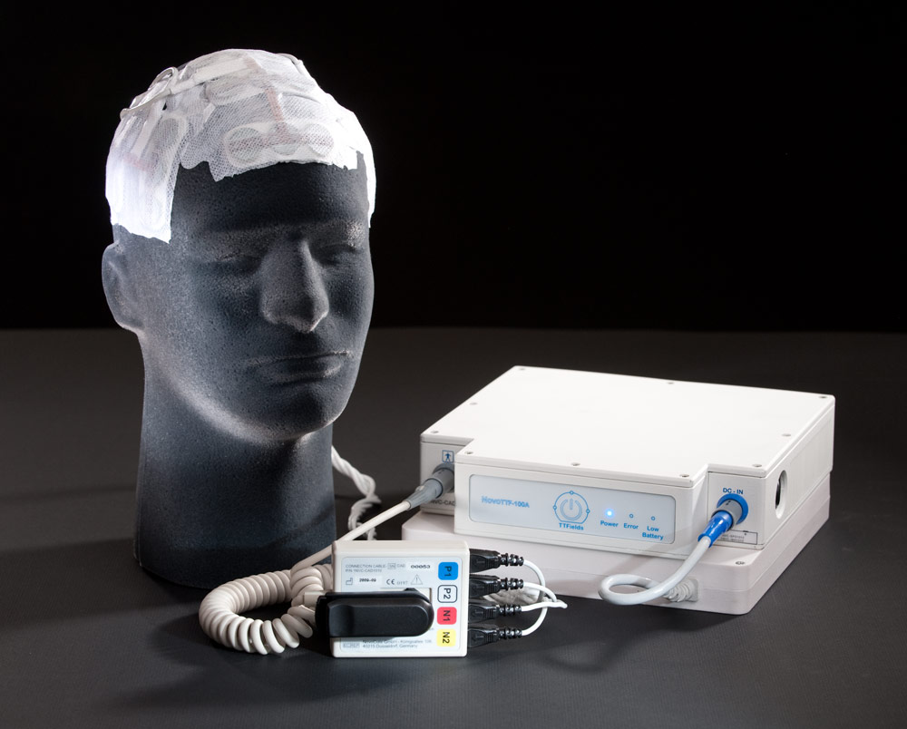 Wearable creates electric fields on scalp to treat brain tumors